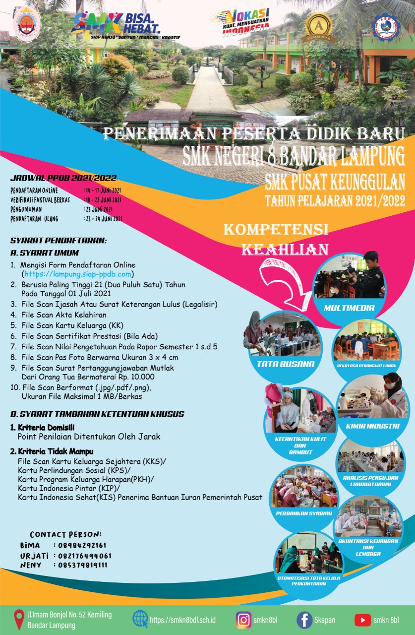 PENERIMAAN PESERTA DIDIK BARU (PPDB) SMK NEGERI 8 BANDAR LAMPUNG TAHUN PELAJARAN 2021/2022